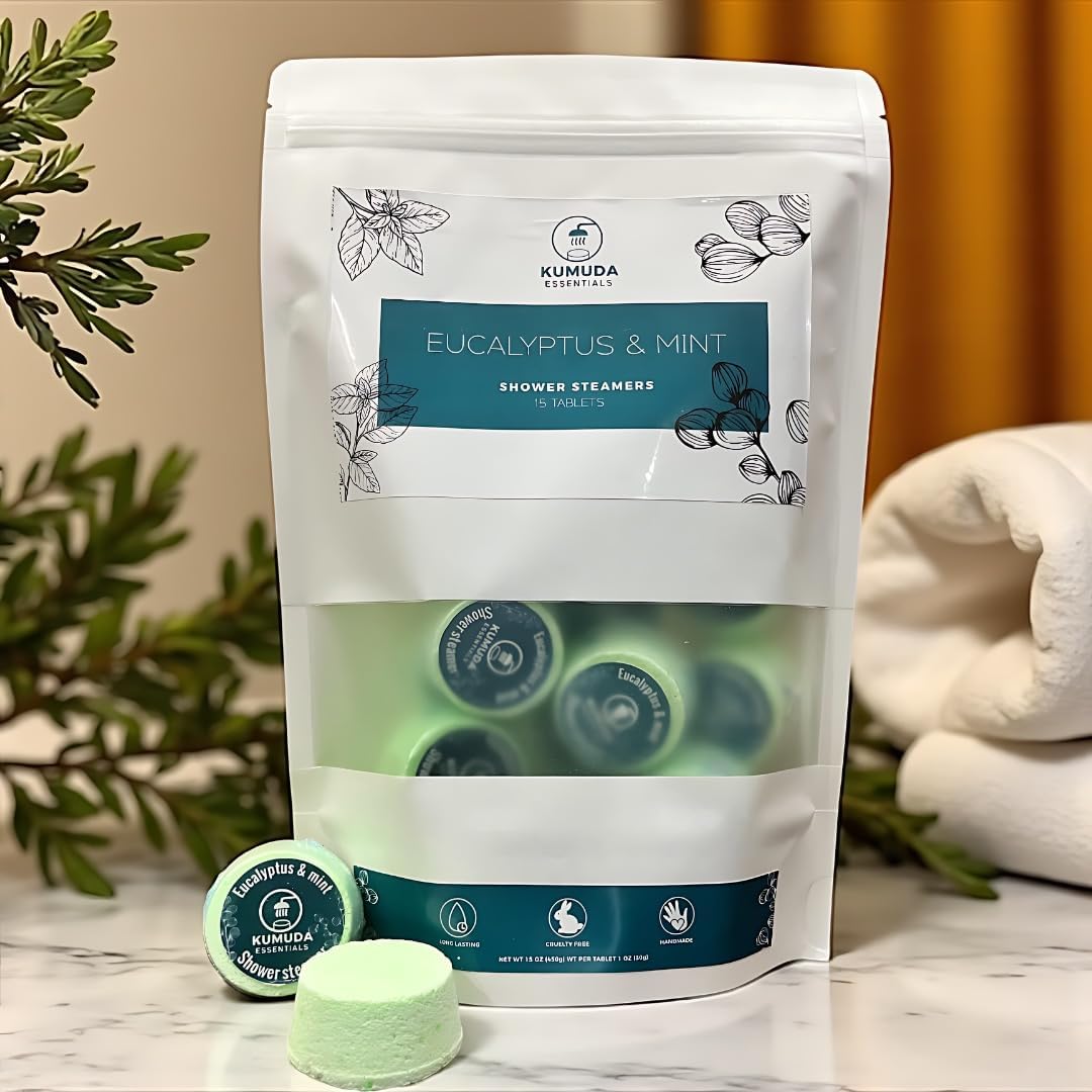 Kumuda Essentials Shower Steamers Pack of 15 Eucalyptus and Mint Aromatherapy Tablets Gift for Women, Birthday, Anniversary (30g Each)