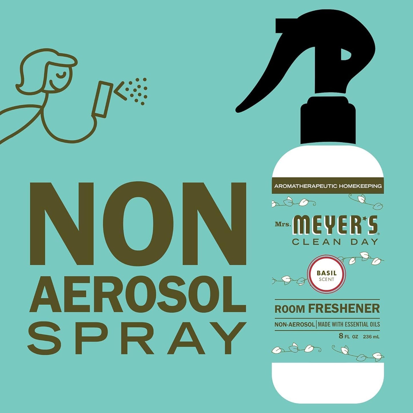 MRS. MEYER'S CLEAN DAY Room and Air Freshener Spray, Non-Aerosol Spray Bottle Infused with Essential Oils, Basil, 8 fl. oz