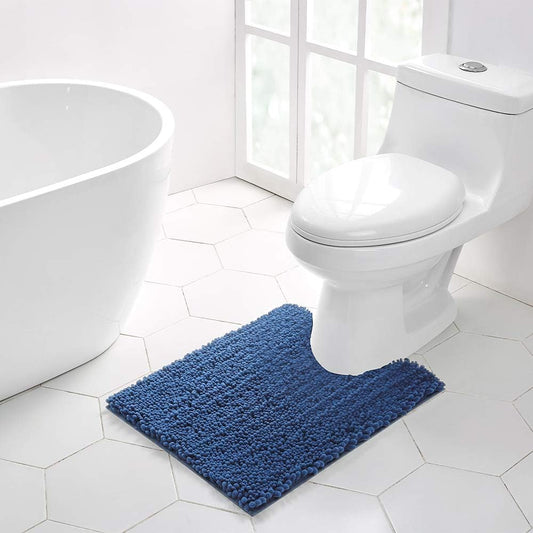 Walensee Bathroom Contour Rug Non Slip Toilet U Shaped Bath Mat (20x24, Dark Blue) Water Absorbent Super Soft Shaggy Chenille Machine Washable Dry Extra Thick Perfect Absorbant Best Plush Carpet