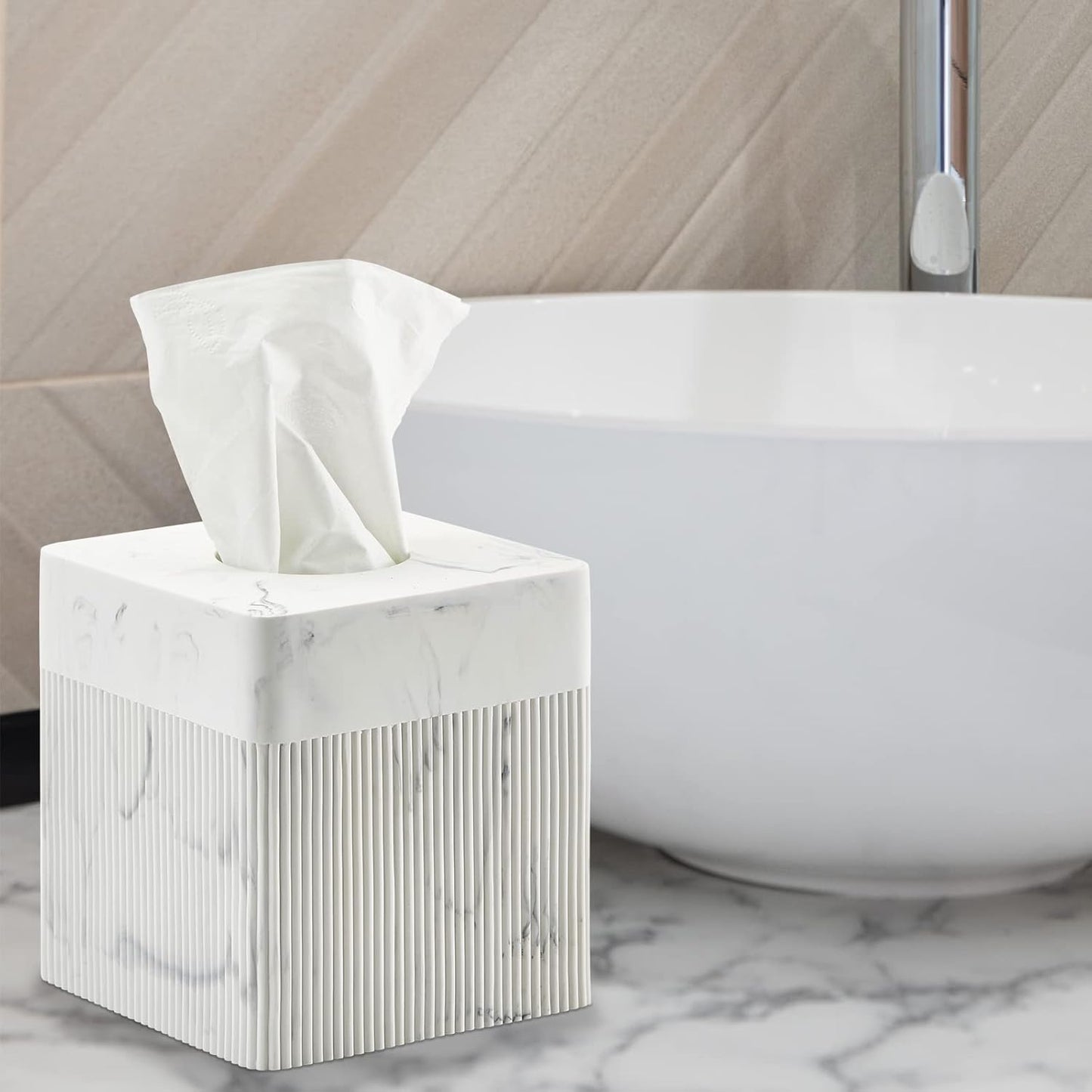 White Tissue Box Cover Square Resin Tissue Holder for Home Decor, Hand Poured Marble Ribbed Cube Tissue Box Holder – 5.5 Inch Heavy Duty Luxury Tissue Box Case for Bathroom, Living Room, Office
