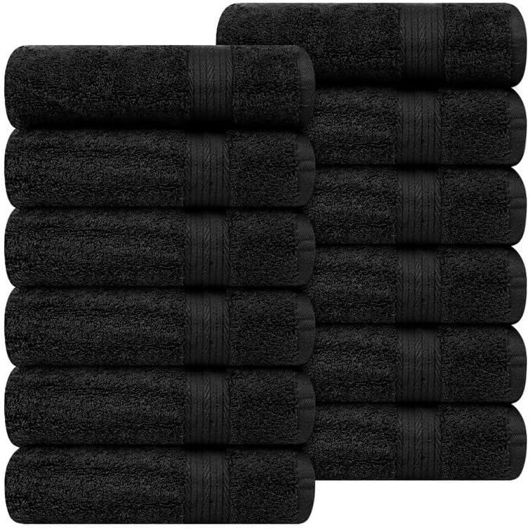 Ample Decor Hand Towel 18 X 28 Inch Pack of 12 600 GSM 100% Cotton, Soft Absorbent Thick Durable Premium Quality, for Hotel, Bathroom, Spa, Daily Use, Gym - Machine Washable - Black