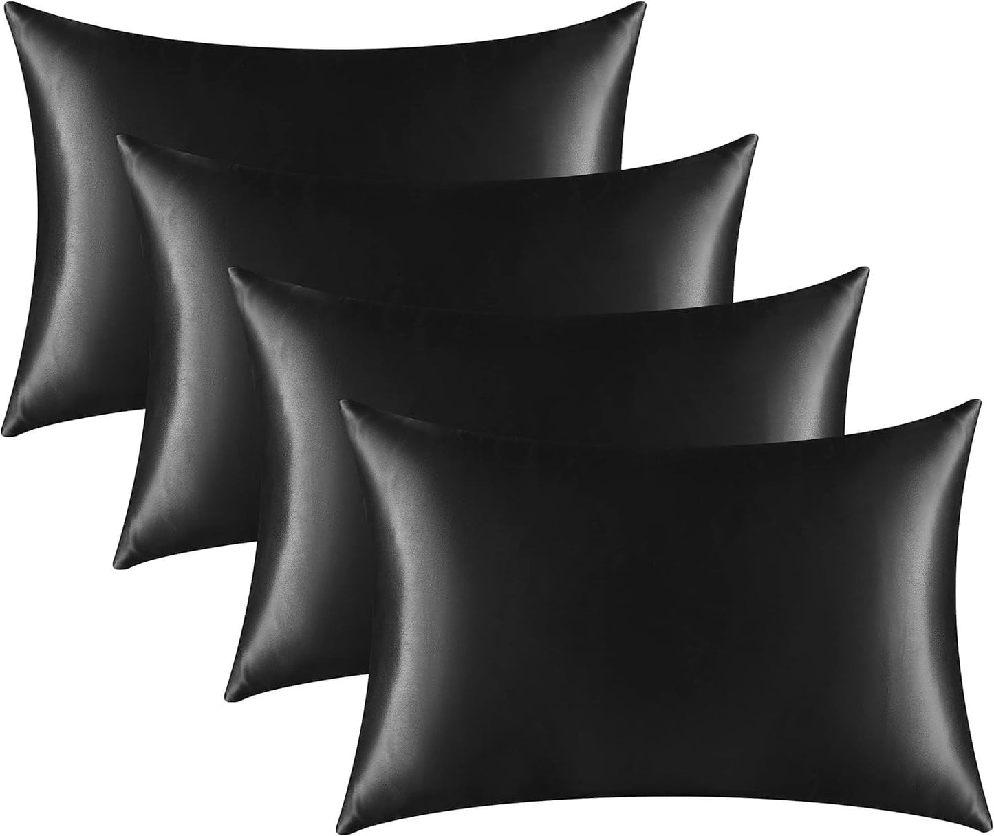 Satin Silk Pillowcase for Hair and Skin, Black Pillow Cases Standard Size Set of 4 Pack Super Soft Pillow Case with Zipper Closure (Black, Standard(4 Pack))