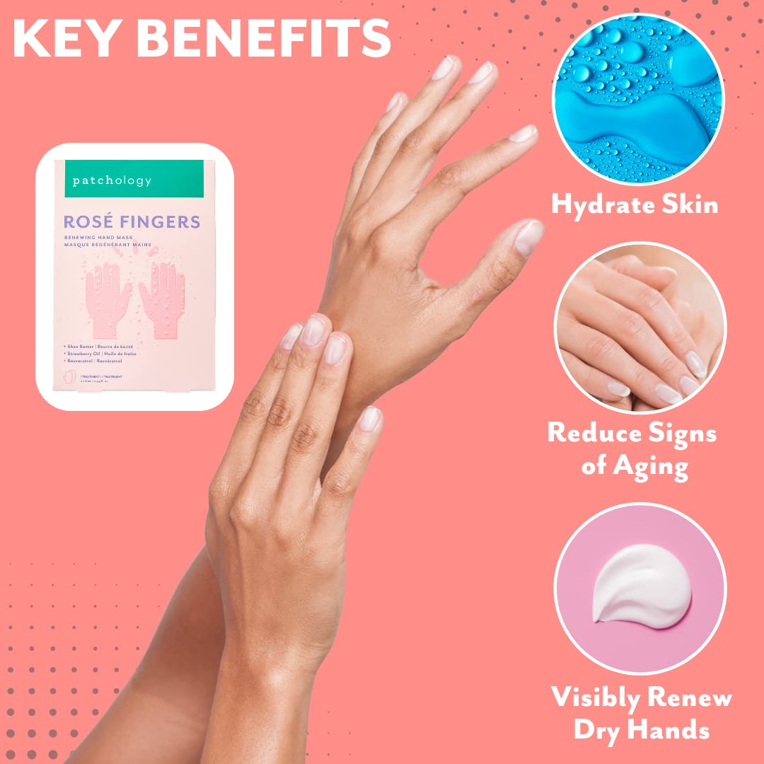 Patchology Rosé Fingers Renewing Hand Mask - Strawberry-Scented Moisturizing Gloves with Shea Butter for Dry & Cracked Hands, Repairing Hand Treatment for Baby Soft Skin, Self-Care Essential - 1 Pair