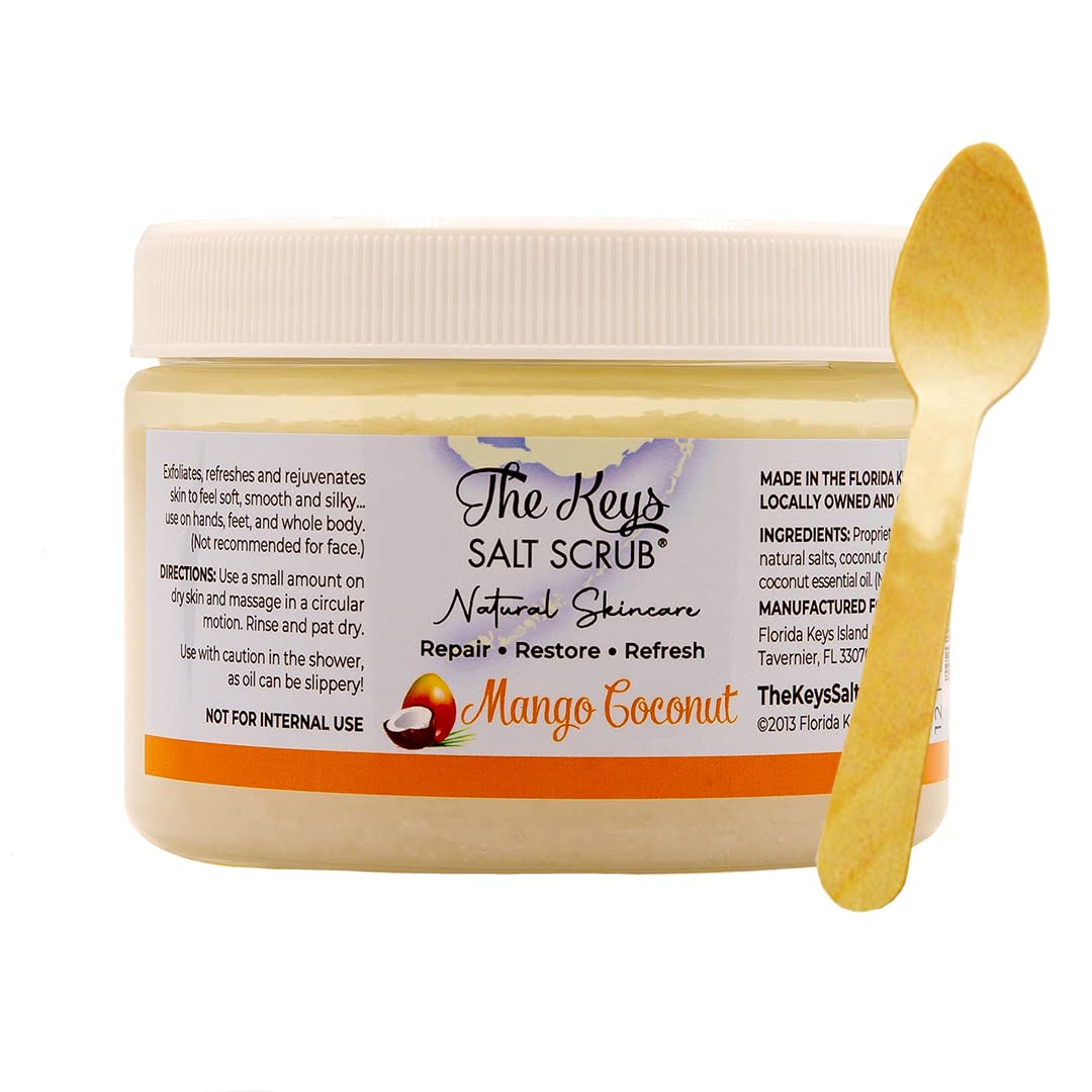 The Keys Salt Scrub -Sea Salt Scrub - Exfoliating Body Scrub with Wooden Spoon - Moisturizing Exfoliator for Hands, Foot, Bath, (12 Ounce (Pack of 1), Mango Coconut)