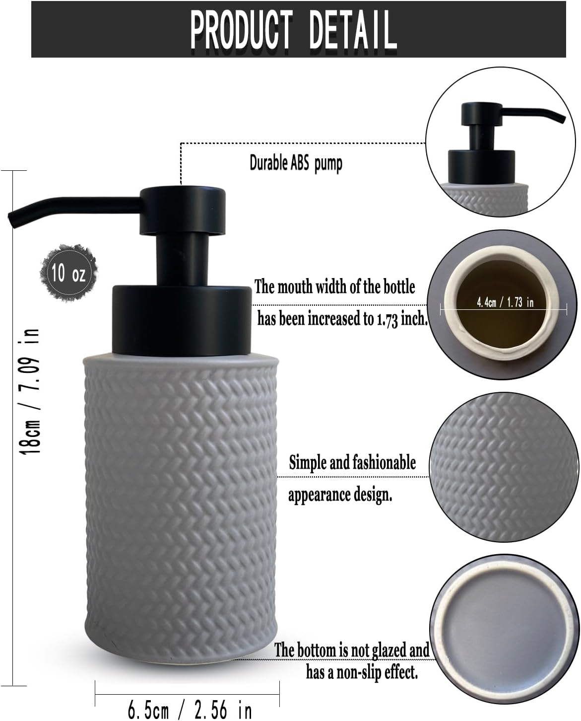 10 Oz Foaming Soap Dispenser for Bathroom,Kitchen Foam Soap Dispenser,Refillable Modern Foam Pump Bottle,Black Ceramic Foaming Hand Pump Dispenser (Grey Weave)