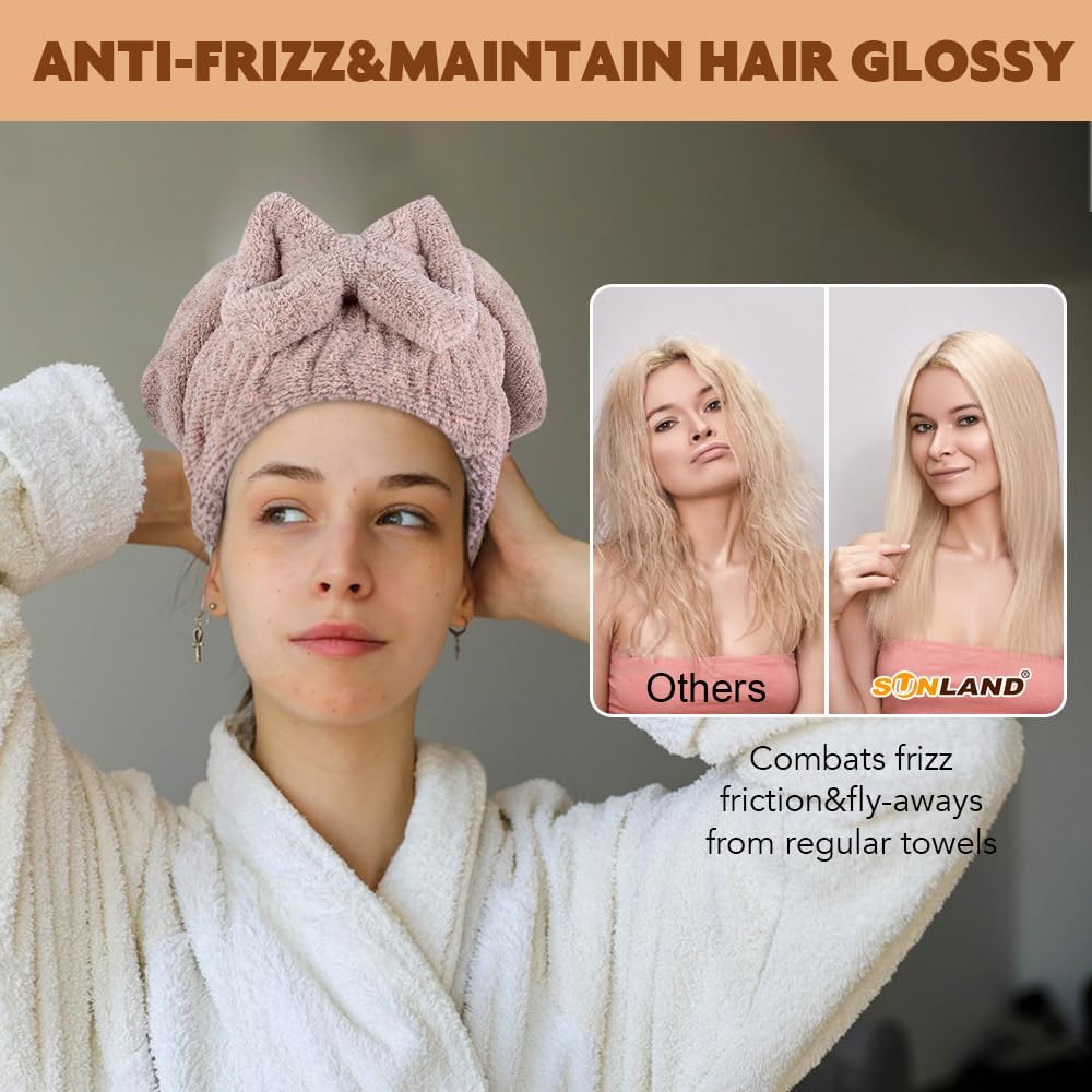 SUNLAND Large Microfiber Hair Drying Caps with Bow knot Fast Drying Shower Cap Soft and Absorbent hairWrap Hair Turban Bath Caps for Curly Thick and wet Hair 11 X 13.4 inch 2 Pack Brown