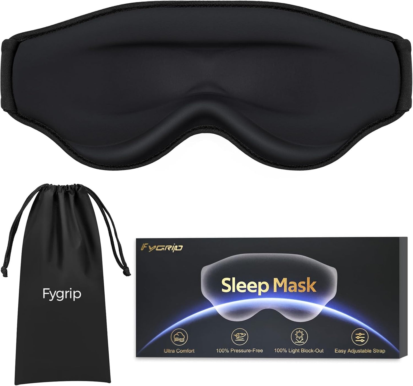 3D Cooling Eye Mask Sleep Mask for Men & Women, 100% Pressure-Free & Light Block-Out Eye Mask for Sleep with Easy Adjustable Strap, Night Eye Cover for Travel, Black