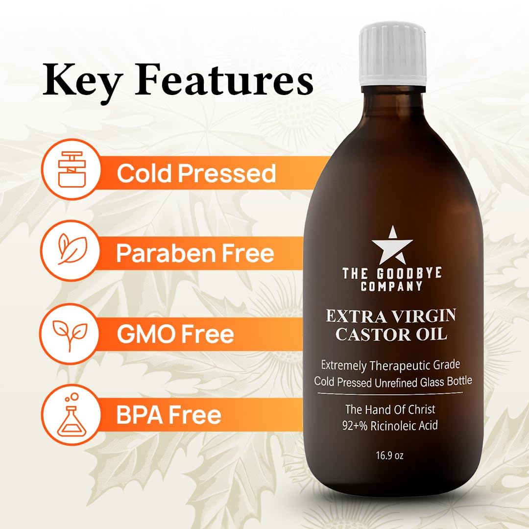 The Goodbye Company Castor Oil USDA Certified Organic Glass Bottle Pure Cold-Pressed(500 mL)100%Natural Virgin Castor Oil Unrefined Moisturise Skin Hair Growth Eyelashes,Hexane&BPA Free 16.90 Ounces