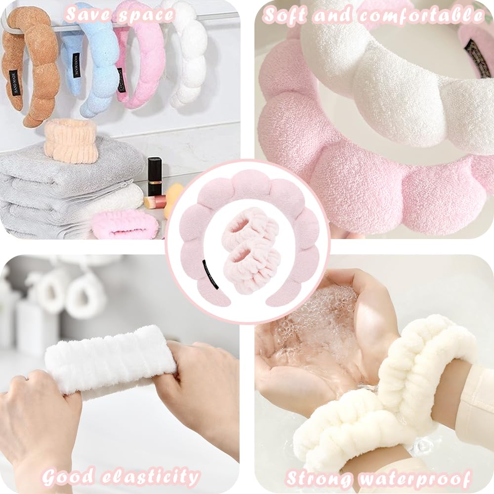 Spa Headbands for Washing Face Wristband Set Sponge Makeup Skincare Headband Wrist Towels Bubble Soft Terry Towel Cloth Hairband for Women Puffy Headwear Non Slip Thick Thin Hair Headwear (Light pink)