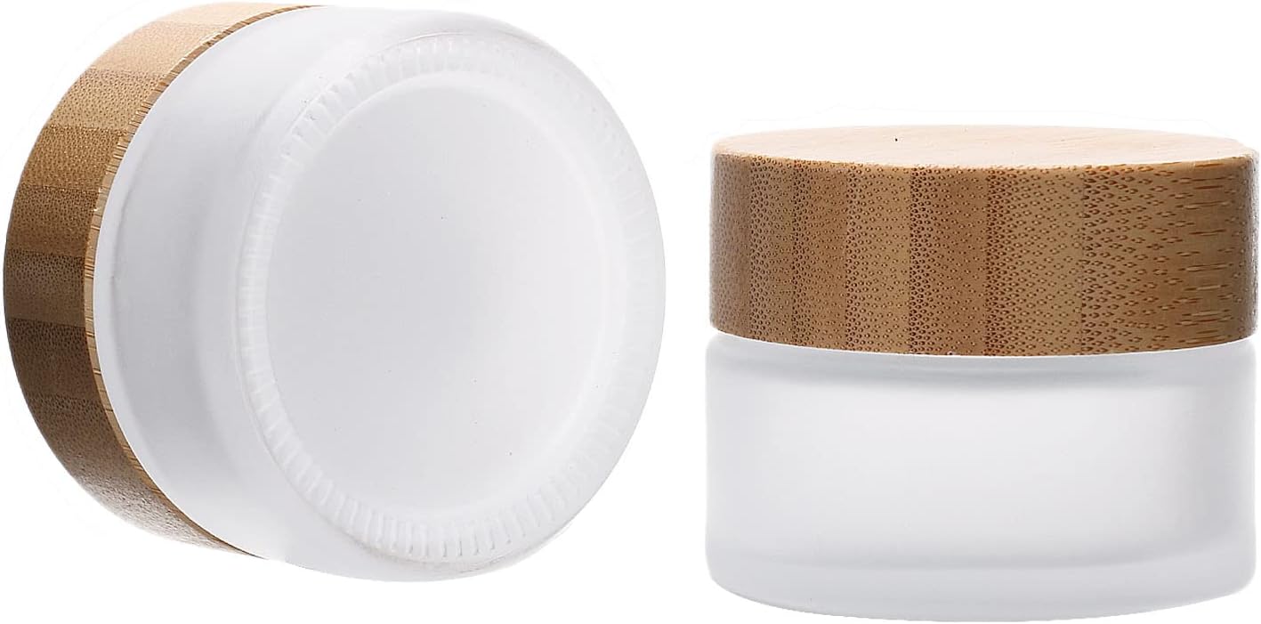 2 Pack 100ml Frosted Glass Cream Jars with Bamboo lids,Wide Mouth Makeup Sample Storage Pot Dispenser Bottles for travel Jars Face Eye Shadow (100g)