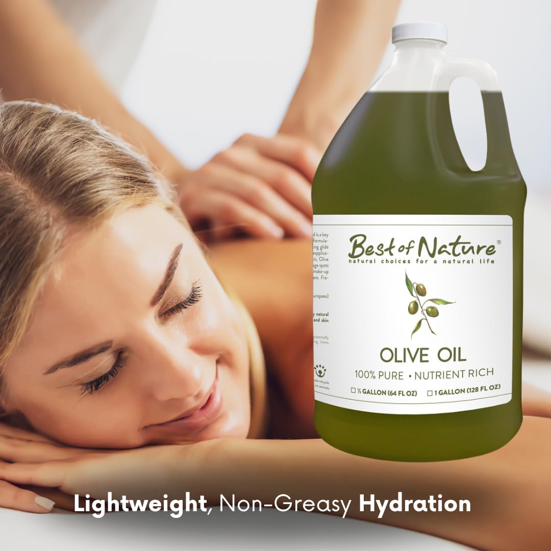 Best of Nature 100% Pure Olive Massage & Body Oil - Cold Pressed, Unscented Moisturizer for Skin & Hair, Bath Oil, Half Gallon (64 fl oz)
