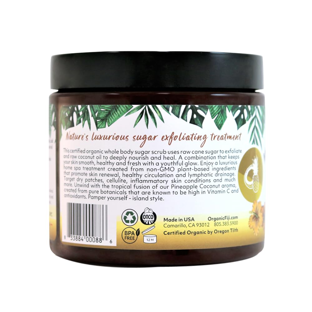 Organic Fiji Whole Body Scrub - Infused with Coconut Oil, Exfoliating Sugar Scrub for Smooth and Soft Skin, Exfoliates & Restores Skin's Natural Biosphere, Pineapple Coconut 20 oz