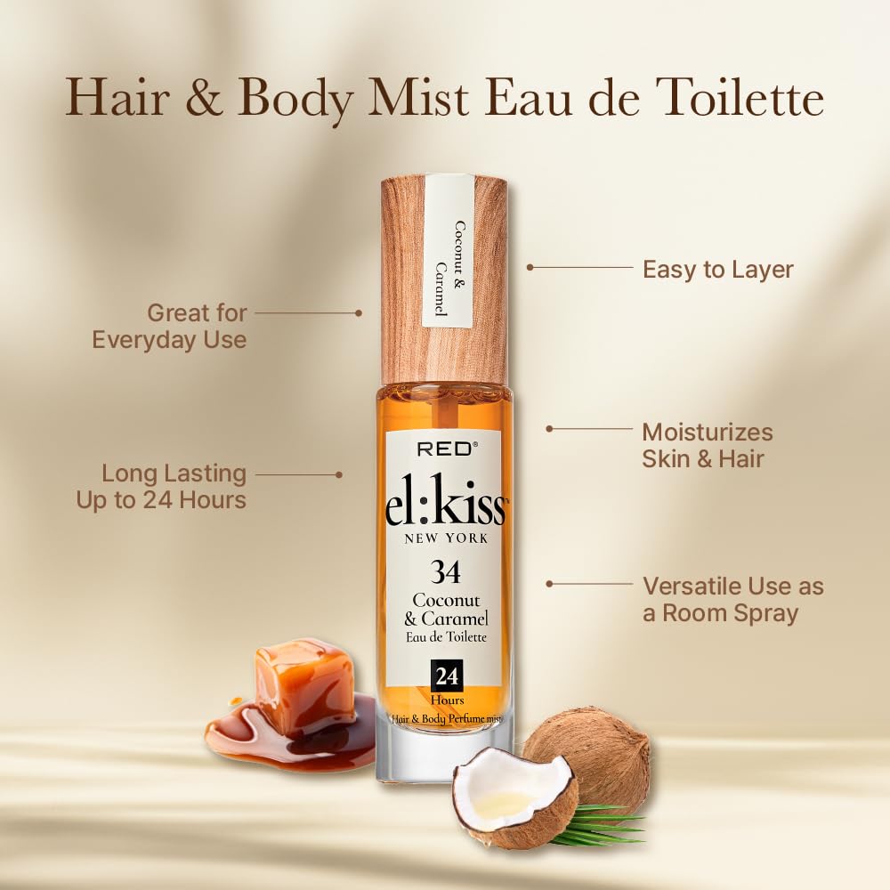 EL:KISS Hair Perfume & Body Mist, Coconut & Caramel Eau de Toilette 30mL (1.01 Fl Oz), Hydrating & Long-Lasting, Alcohol-Free & Mineral Oil-Free, Infused with Jojoba, Argan Oil & Aloe Vera