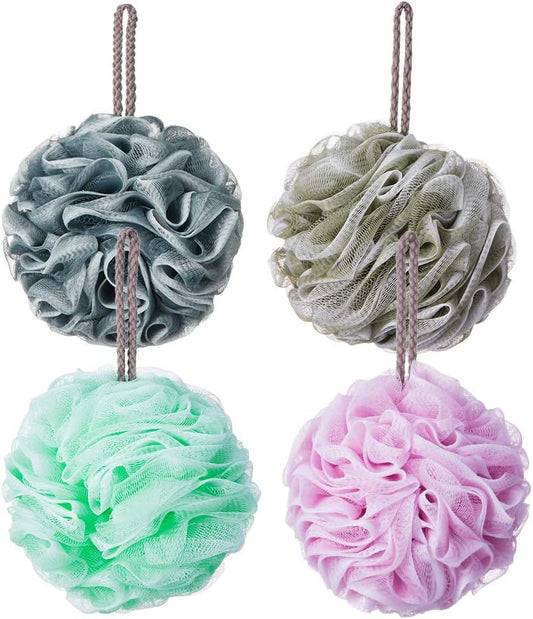 Loofah Bath Sponge, Novosun Mesh Pouf Shower Sponge Soft Exfoliating Shower Luffas for Silky Skin Pack of 4 Pastel Colors, XL (80g/pcs)