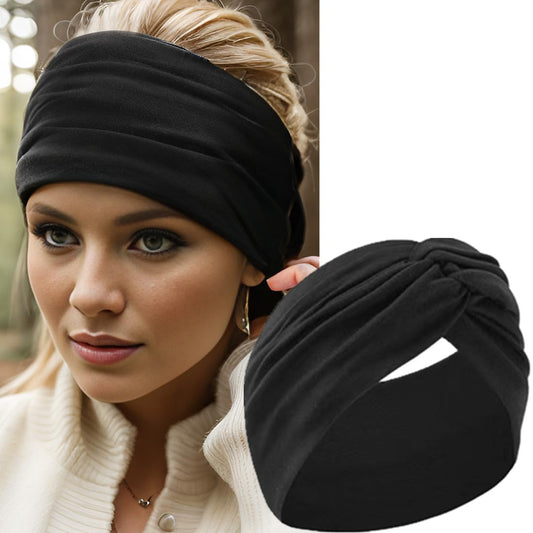 Extra Wide Headbands for Women, 7'' Large Cotton Like Turban Knotted Bandana Head Bands for Women Non Slip, Boho Headbands for Women's Hair (All Black-6Pcs, Extra Large 7" Wide)