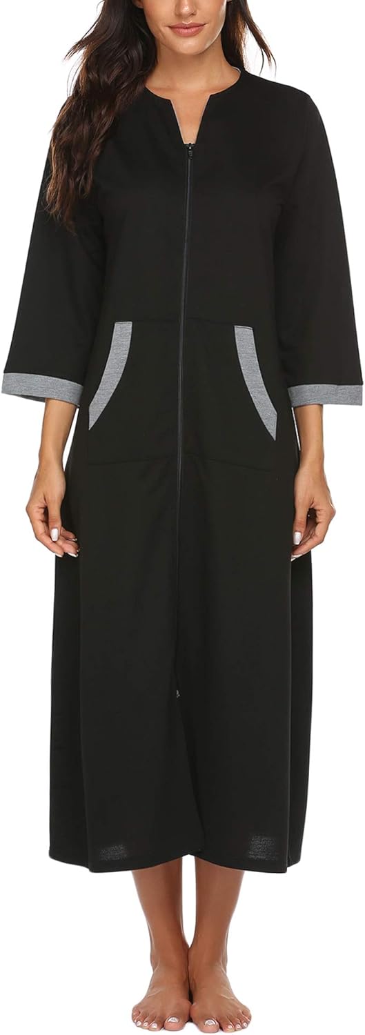 Ekouaer Women Zipper Robe 3/4 Sleeves Loungewear Dress Full Length Sleepwear Pockets Housecoat Nightgown Long Bathrobe