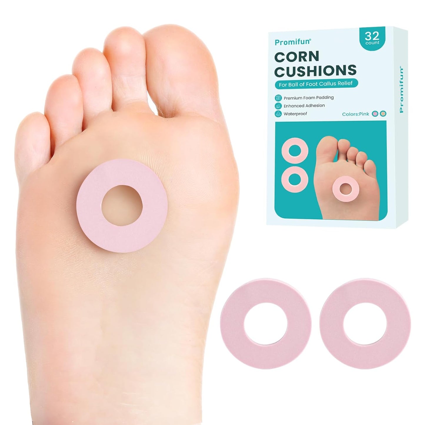 Callus Cushions for Bottom of Foot - Round Foam Padding with Water-Resistant Self-Stick Adhesive - Corn Cushions for Toes and Feet, Reduce Pain, Pressure and Friction from Shoes (Pink, 32 Count)