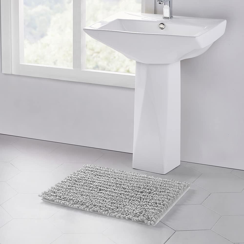 Walensee Bathroom Rug Non Slip Bath Mat (24x17 Inch Light Grey) Water Absorbent Super Soft Shaggy Chenille Machine Washable Dry Extra Thick Perfect Absorbant Best Small Plush Carpet for Shower Floor