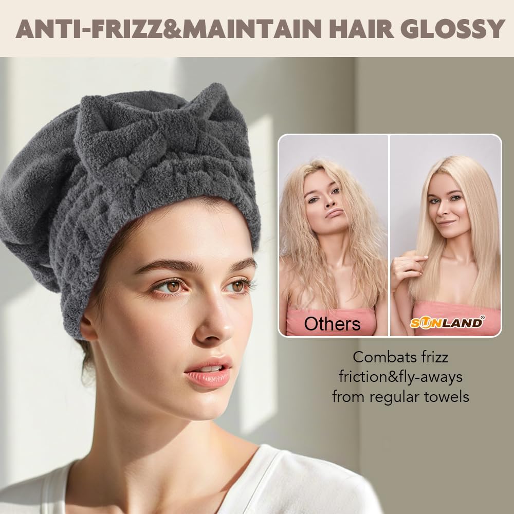 SUNLAND Large Microfiber Hair Drying Caps with Bow knot Fast Drying Shower Cap Soft and Absorbent hairWrap Hair Turban Bath Caps for Curly Thick and wet Hair 11 X 13.4 inch 2 Pack Dgrey