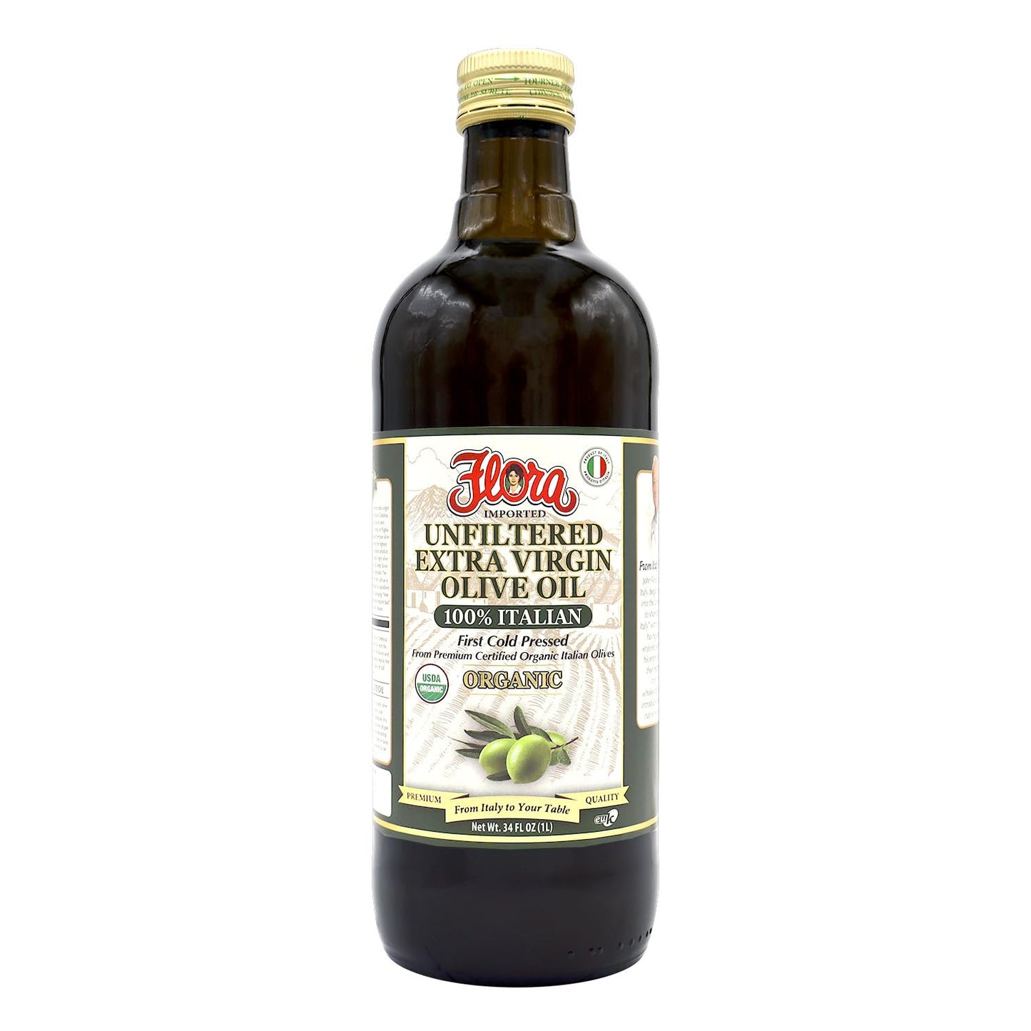 Organic Unfiltered Extra Virgin Olive Oil 1 Liter Bottle | Flora Foods | 100% Authentic Italian (34 Fl Oz /1L) Imported