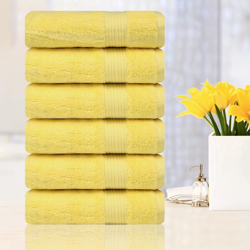 Ample Decor Hand Towel 18 X 28 Inch Pack of 6 600 GSM 100% Cotton,Oeko Tex Certified Soft Absorbent Thick Durable Premium Quality, for Hotel, Bathroom, Spa,Daily Use,Gym-Machine Washable-Yellow