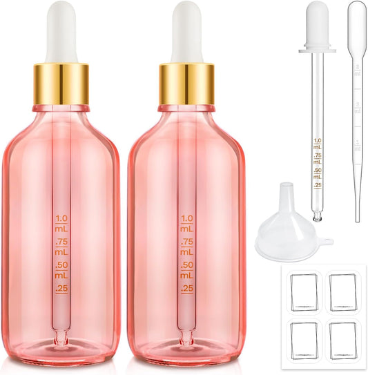 Bumobum 2 Pack, 100ml Pink Glass Dropper Bottle- 3.4 oz Glass Tincture Bottles with 1 Funnel & 1 Pipette & 4 Labels, Leakproof Eye Dropper for Oils, Liquids