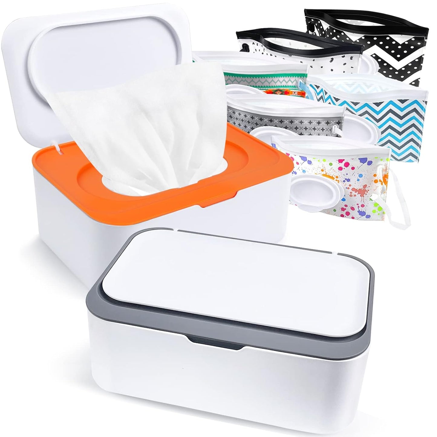 8Pcs Baby Wipes Dispenser, Reusable Baby Wipe Holder Box and Portable Wet Wipes Pouch, Refillable Wipes Pouch Case Container with Lid for Bathroom Baby Nursery Kitchen Office Travel (Grey+Orange)
