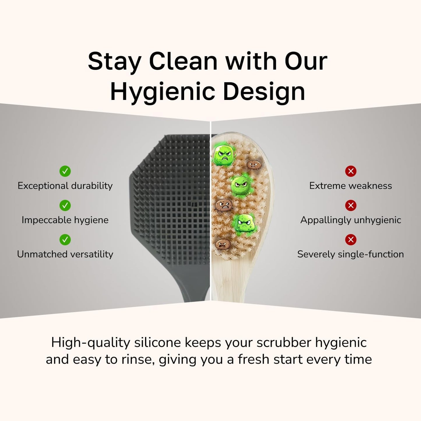 Silicone Back Scrubber with Long Handle - Octagon Body Brush for Shower, Bath, and Exfoliating - Skin Cleansing, Back Scrub and Gentle Silicone Sponge - Wash Your Body with Easy Reach - Silver