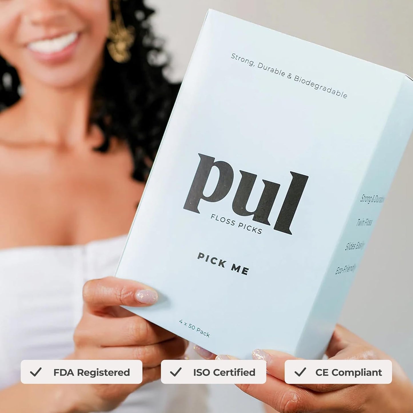 PUL Dental Floss Picks – Mint Teeth Flossers for Deep Cleaning, Removing Food Particles & Plaque – Shred-Resistant Nylon Floss, Plant-Based Handle, Fluoride Free – for Adults & Kids (50 Count)