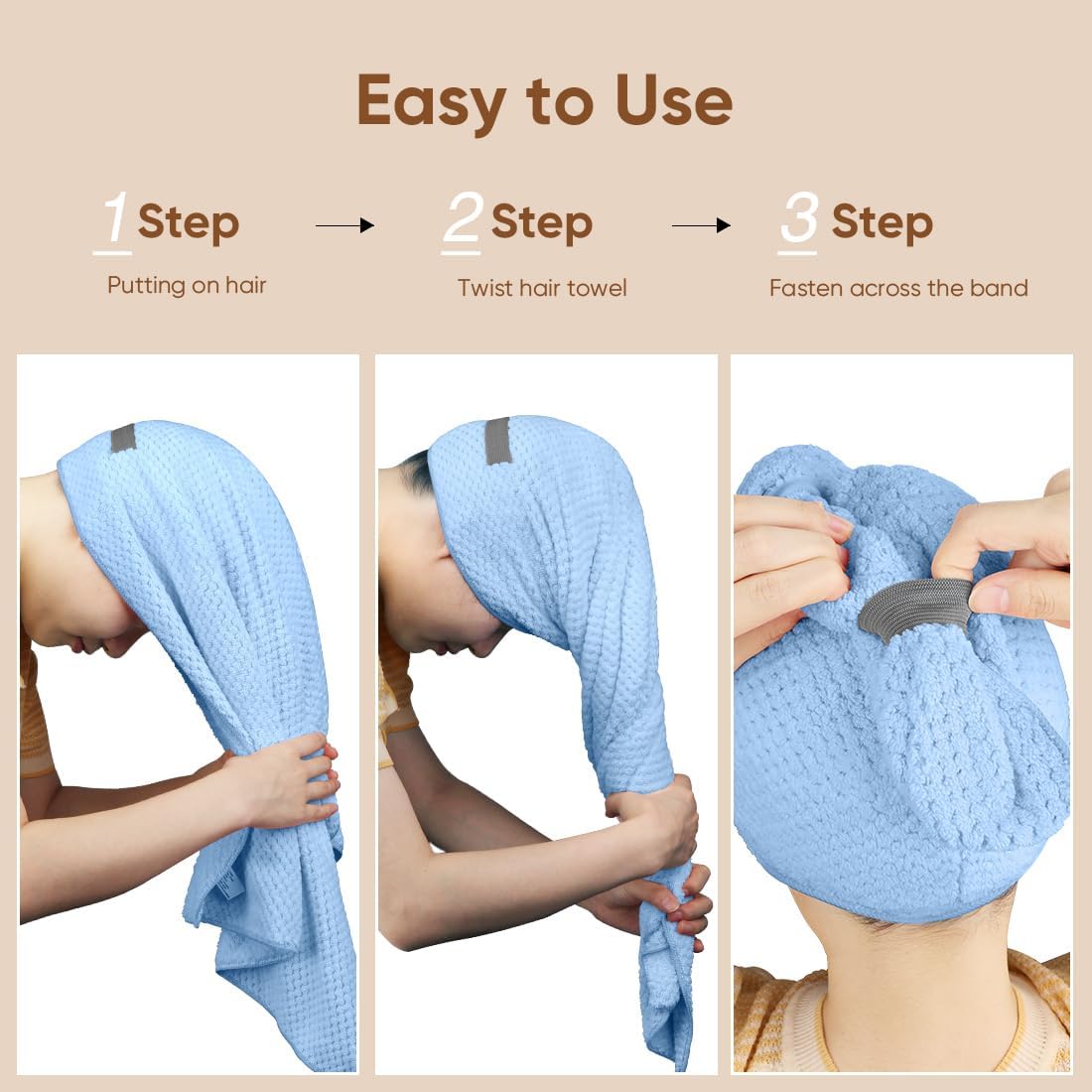 HOMEXCEL 5 Pack Microfiber Hair Towels - 40 x 20 inches Super Soft, Fast Drying Turbans for Long, Thick, Curly Hair - Anti Frizz Wrap with Elastic Strap, Blue/Pink/Grey