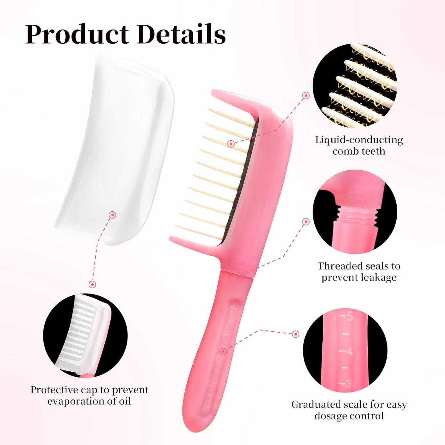 Hair Oil Applicator Comb with 5ml Dispenser, Mess-Free Brush Oiling Tool for Quick Even Application, Scalp Care Comb with Scale Container Handle for Thin/Straight Hair for Women Girls (Pink)