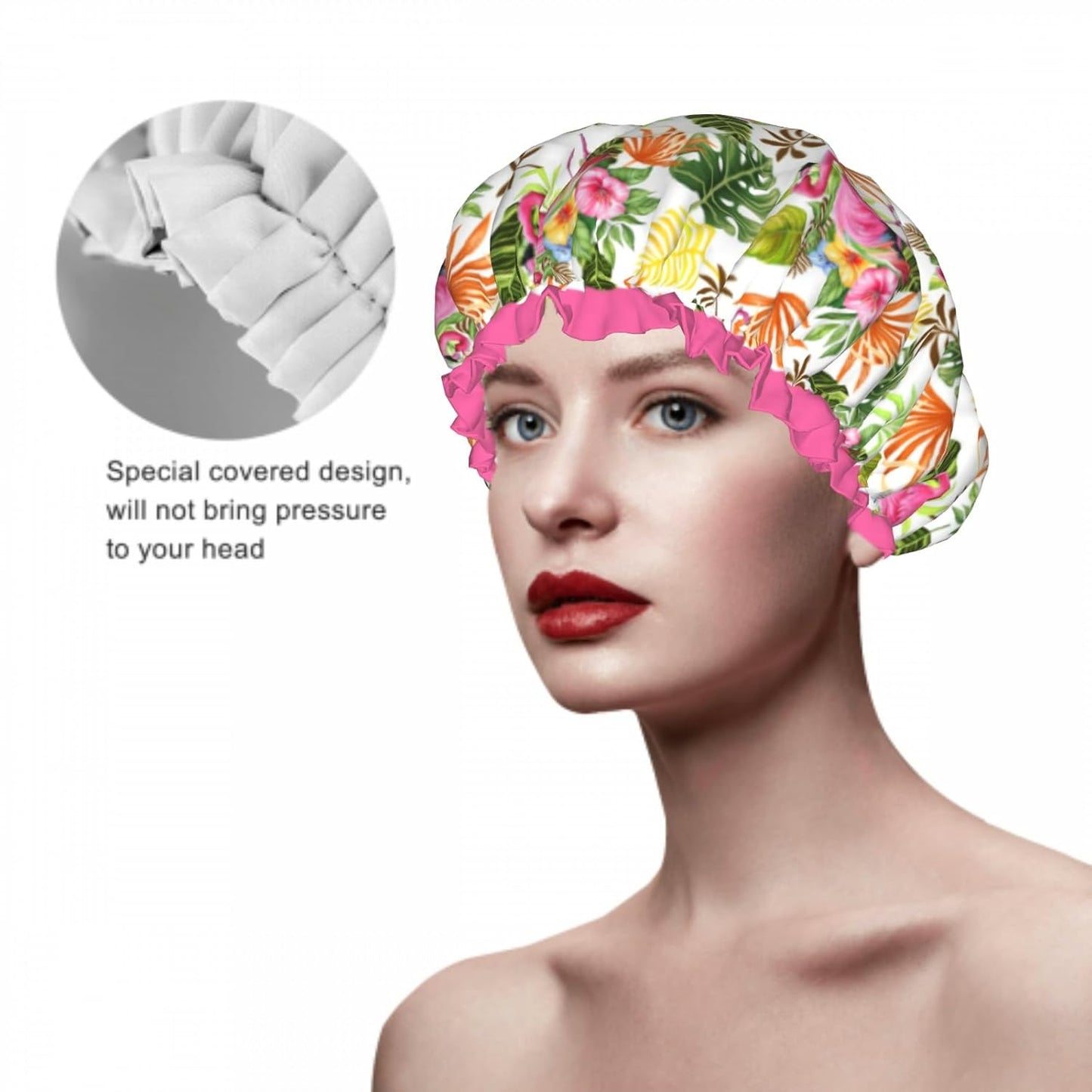 Cute Flamingo Leaves Flowers Double Layer Waterproof Shower Cap for Women Reusable Bath Cap for All Long Hair Lengths Soft Bath Shower Hat