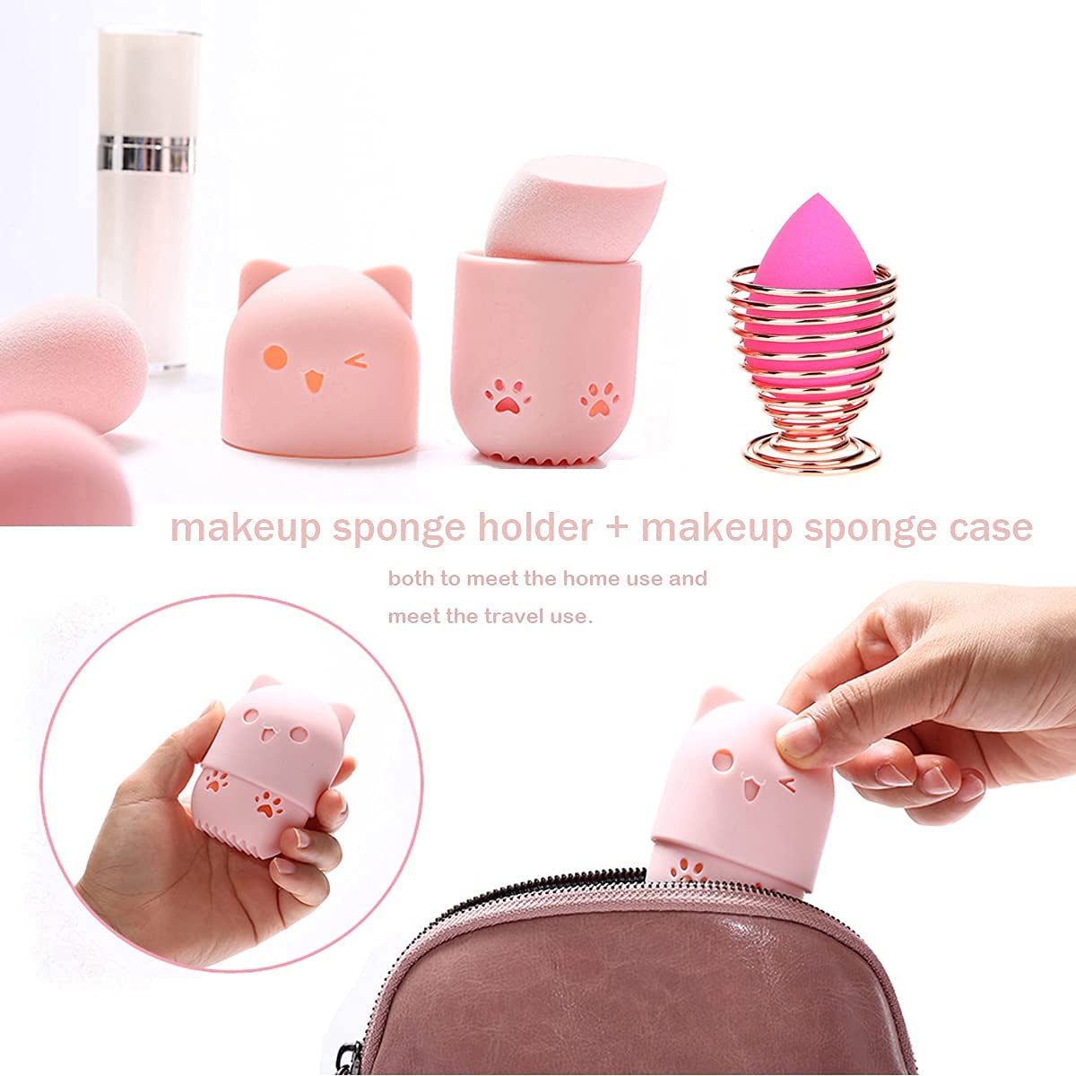 Makeup Sponge Holder, Beauty Sponge Holder + Makeup Blender Travel Case Beauty Sponge Blender Drying Stand & Storage Containers - Pink + Gold