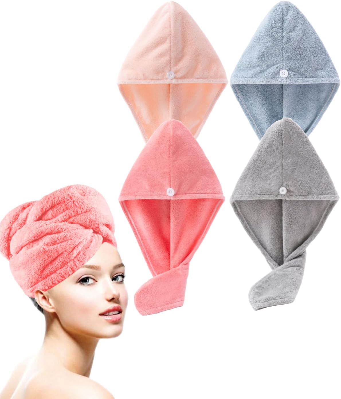 Bath Pre Dry Hair Towel 4-Piece Set Quick Dry Extra Absorbent Lightweight Turban with Button Hair Drying Wrap Bathroom Girl Friend Family Mom Gift