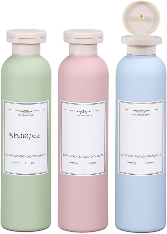 ASEVAT 8.8oz 3Pcs Plastic Refillable Travel Shampoo and Conditioner Bottles Refillable Travel Bottle with Flip Cap Plastic Shampoo and Conditioner Bottles