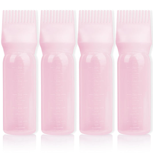 BLAAROOM Root Comb Applicator Bottle 6 Ounce, 4 Pack Hair Oil Applicator Bottle, Hair Dye Bottle Applicator Tools with Hair Oil Dispenser Root Comb Brush for Scalp Hair Oiling Applicator - Pink