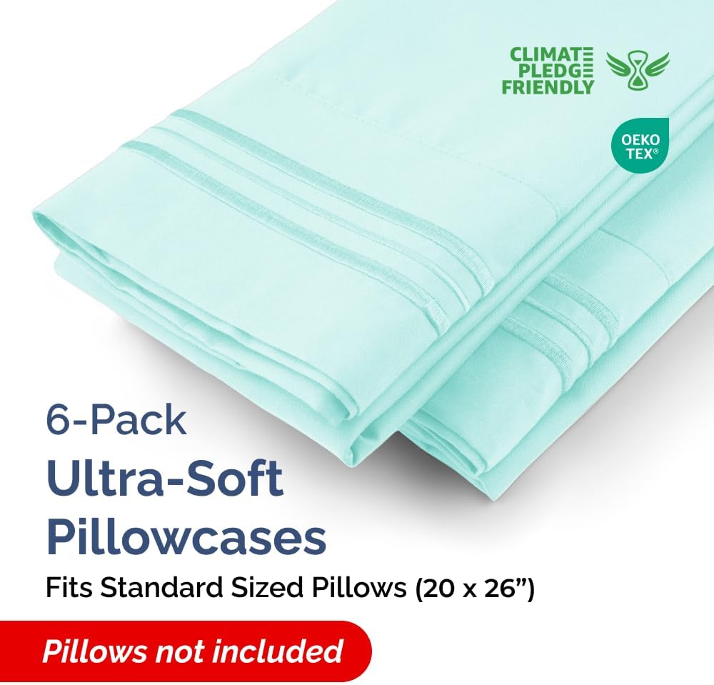 Standard Pillow Cases Set of 6 - Ultra Soft Hotel Quality Pillowcase Covers - Comfy, Cozy & Wrinkle Free - Shrink, Stain & Fade Resistant - Machine Washable Pillow Protectors - 6 Piece Set - Spa Blue