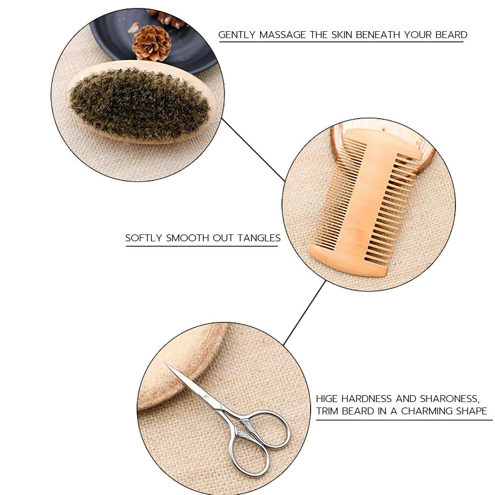 Hair Dough Beard Brush & Comb, Scissors Set for Men, Set Includes Soft Boar Bristle Brush, Bamboo Wide Tooth Comb, and Mustache Trimming Scissors, Straighten & Soften Your Beard