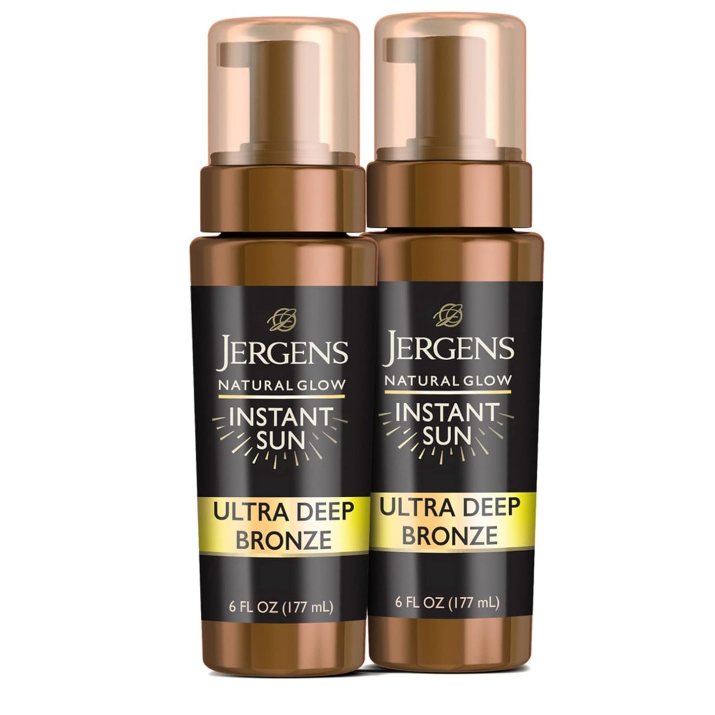 Jergens Natural Glow Instant Sun Body Mousse, Self Tanner for Ultra Deep Bronze Tan, Sunless Tanning Body Bronzer, Natural Looking Fake Tan, 6 Oz, Pack of 2