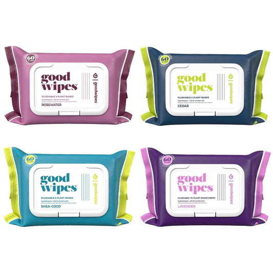 Goodwipes Flushable Butt Wipes Made with Vitamin E & Aloe - Soft & Gentle Wet Wipe Dispenser for Home Use, Septic & Sewer Safe - Largest Adult Toilet Towelettes - Variety Pack, 240 Count (4 Packs)