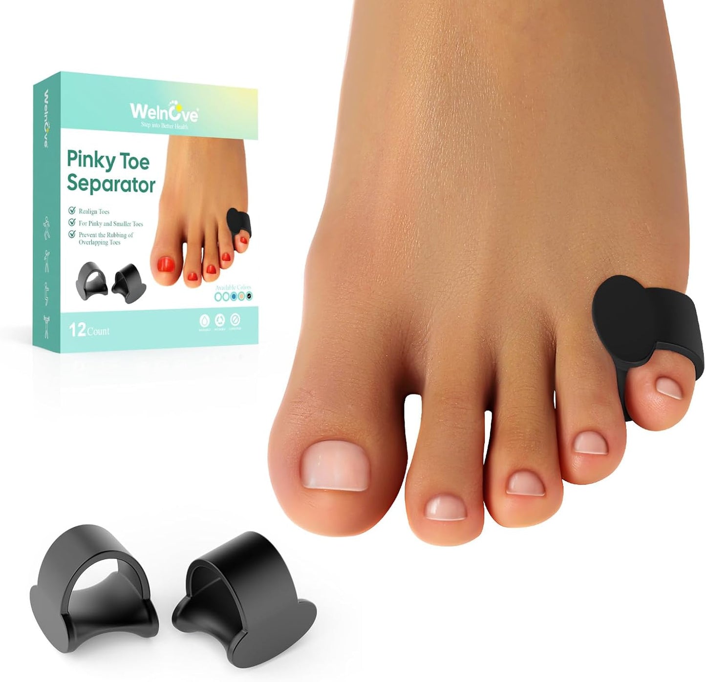 Welnove Pinky Toe Separator, 12 Pcs Black Gel Toe Spacers Bunion Corrector for Feet Women and Man, Little Toe Cushions for Curled Overlapping