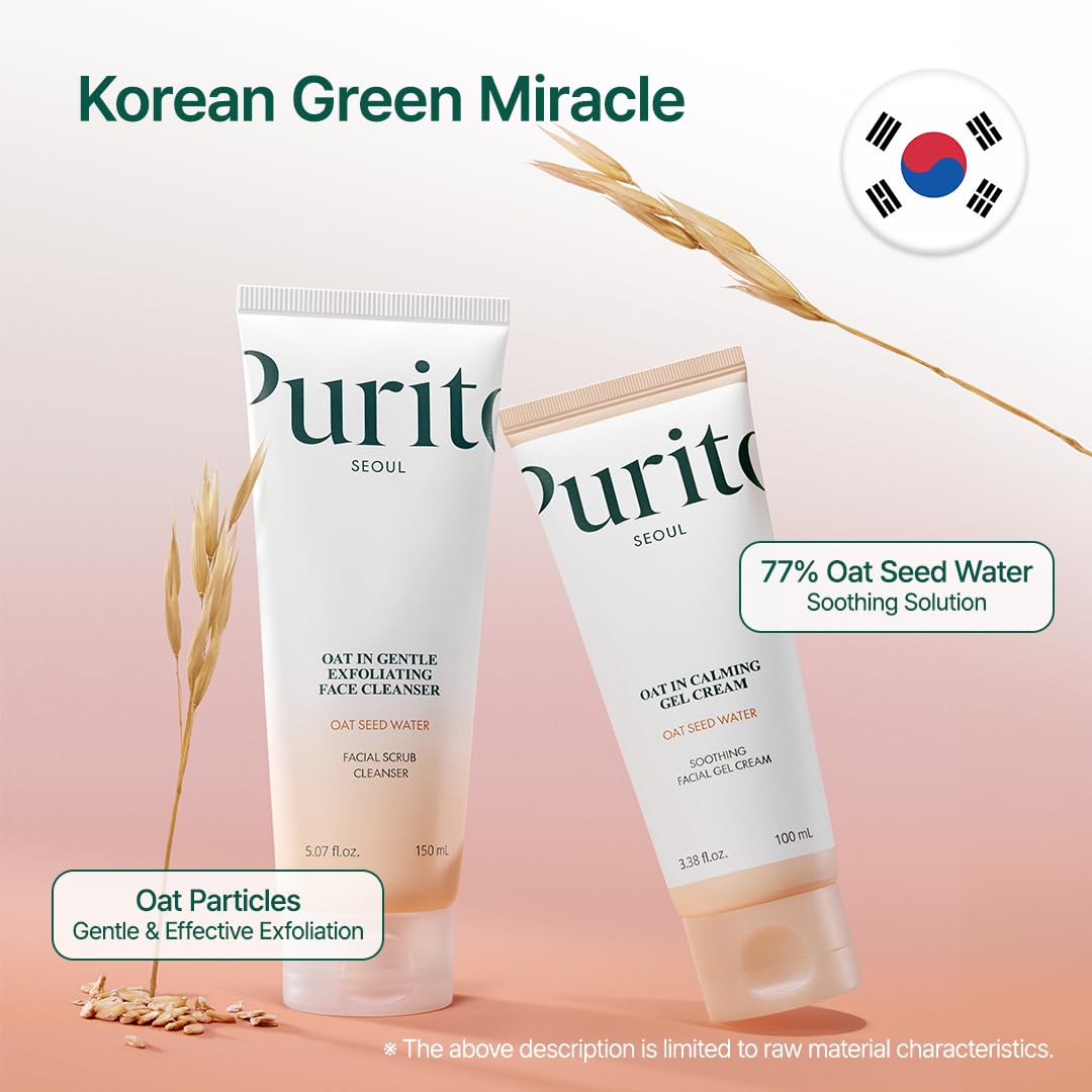 PURITO Oat Velvet Duo, Calming Gel Cream & Exfoliating Facial Polish, Non-comedogenic Formula, Moisturizer, Cleanser, Mild Korean Skincare for All Skin Types 3.38+5.07 fl.oz