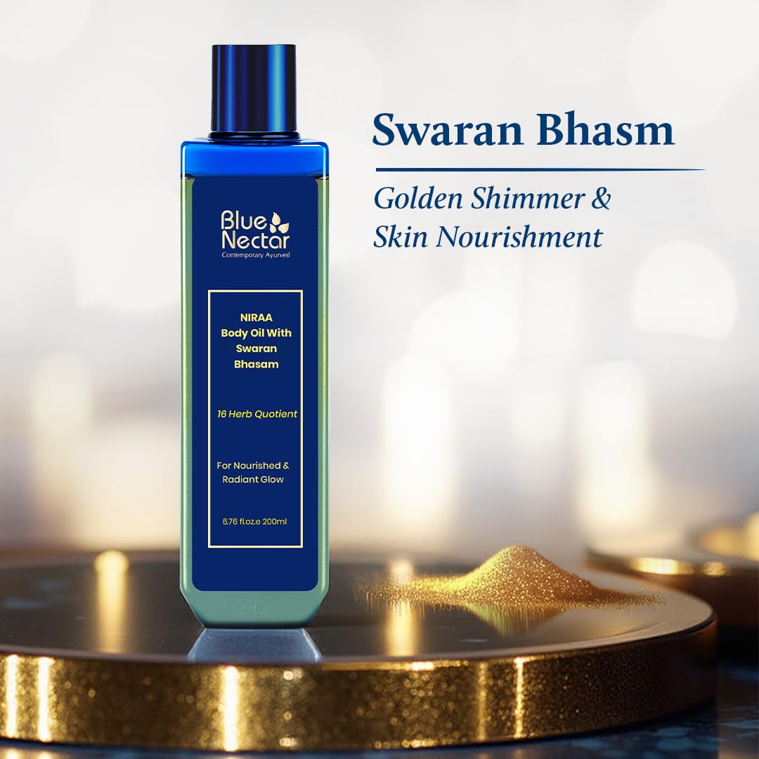 Blue Nectar Body Oil with Swaran Bhasam for Glowing Skin | Ayurvedic Body Oil for Dry Skin | Nourishing Oil with Gold & Shimmer (16 Herbs, 3.38 Fl Oz)