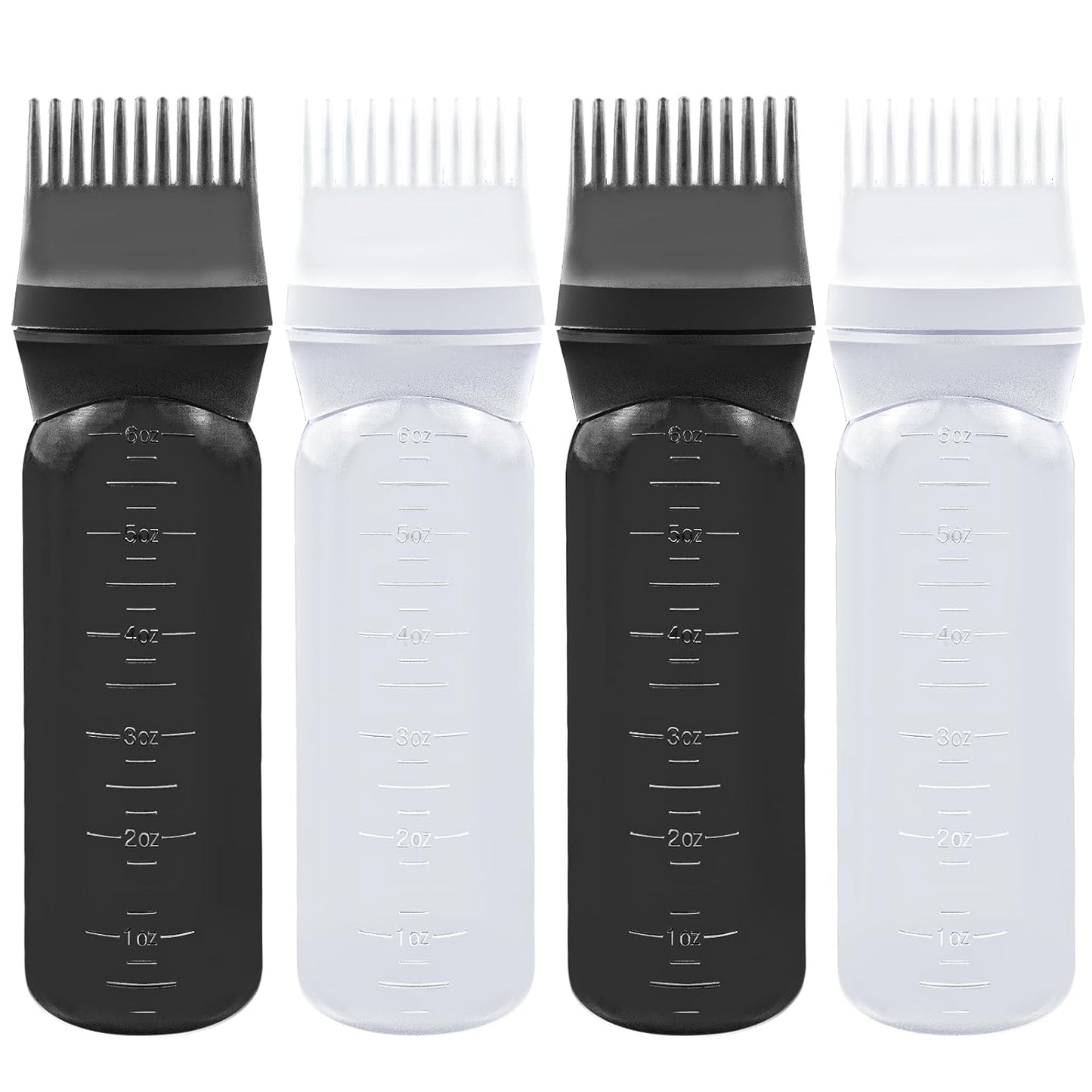 ELANE 4 Pcs Root Comb Applicator Bottle, 6oz, Hair Oil Applicator Bottle for Hair, Salon, Home, Travel (Black+White)