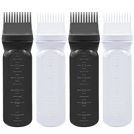 ELANE 4 Pcs Root Comb Applicator Bottle, 6oz, Hair Oil Applicator Bottle for Hair, Salon, Home, Travel (Black+White)