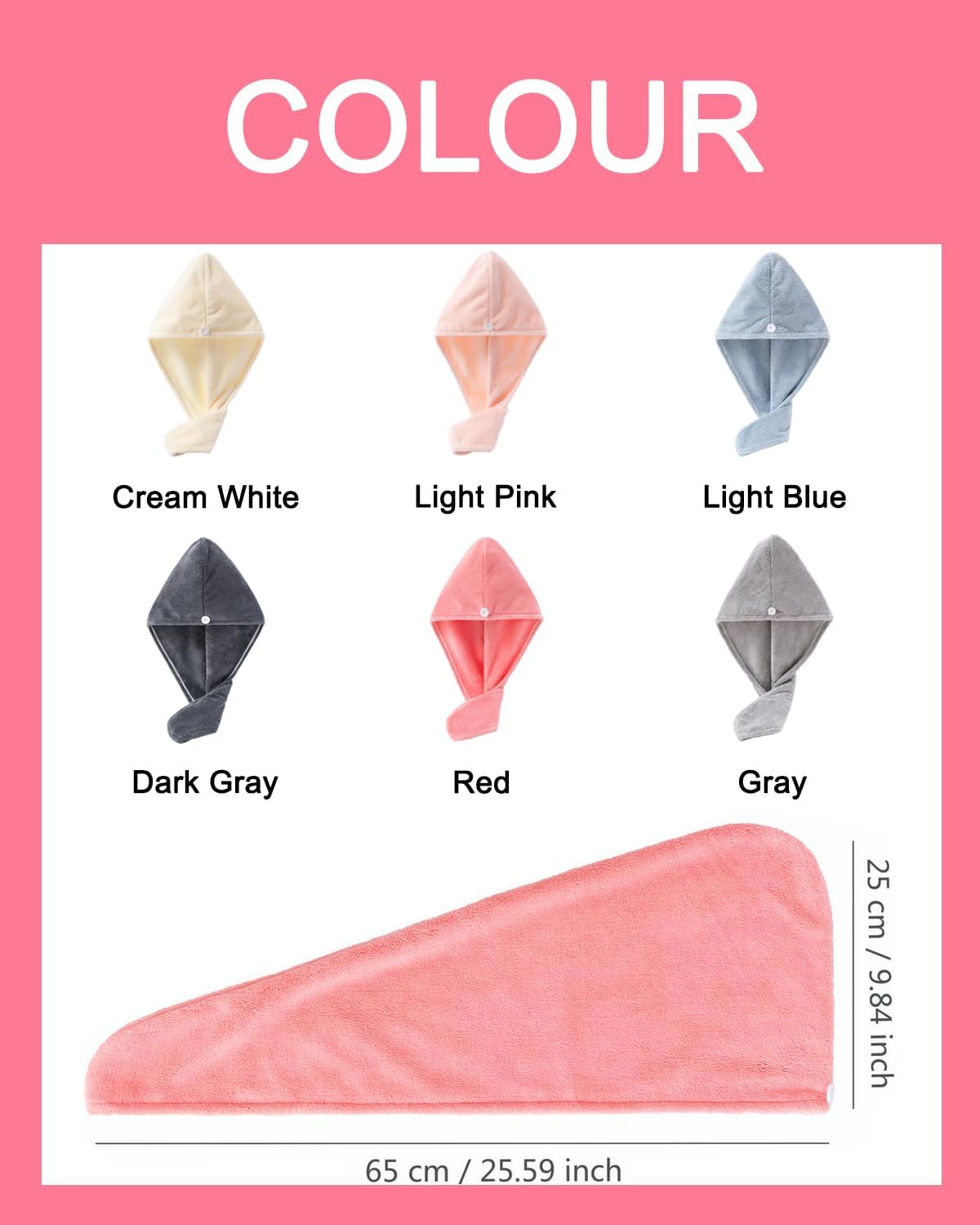 Hair Towel Wrap 4 Pack for Women - Microfiber Fast Dry Turban, Anti Frizz Button Design, Lightweight Absorbent Hair Cap for Straight/Curly/Long Hair, 25cm x65cm Travel Towel (4 Colors)