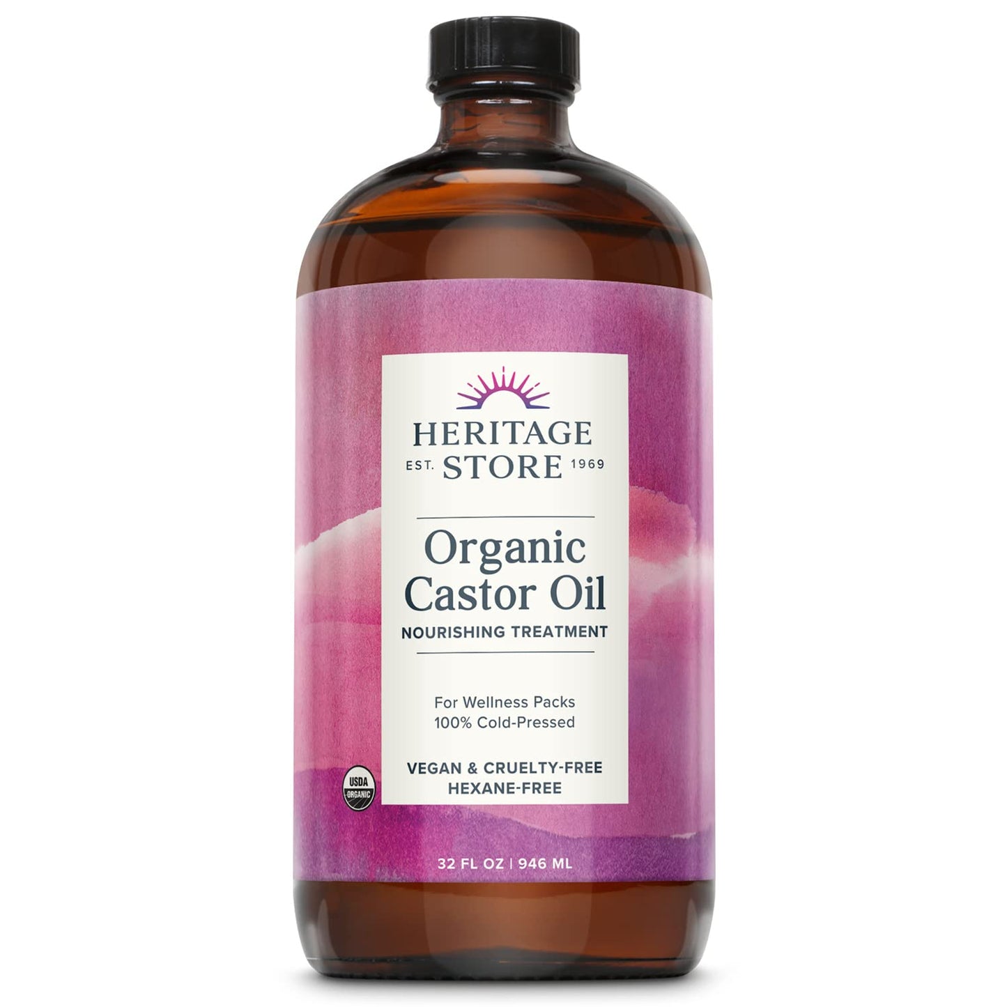 HERITAGE STORE Organic Castor Oil - Glass Bottle - Nourishing Treatment for Hair and Skin - Hair Oil, Eyelash Serum for Eyelashes, Brows, Castor Oil Packs - Cold Pressed, Hexane Free, Vegan 32oz
