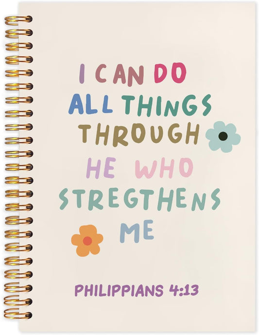 Christian Spiral Journal Notebook 5.5x8.3in, I Can Do All Things Through He Who Strengthens Me，Philippians 4:13 Bible Journal, Cute Floral Bible Notebooks for Note Taking, Hardcover Notebook