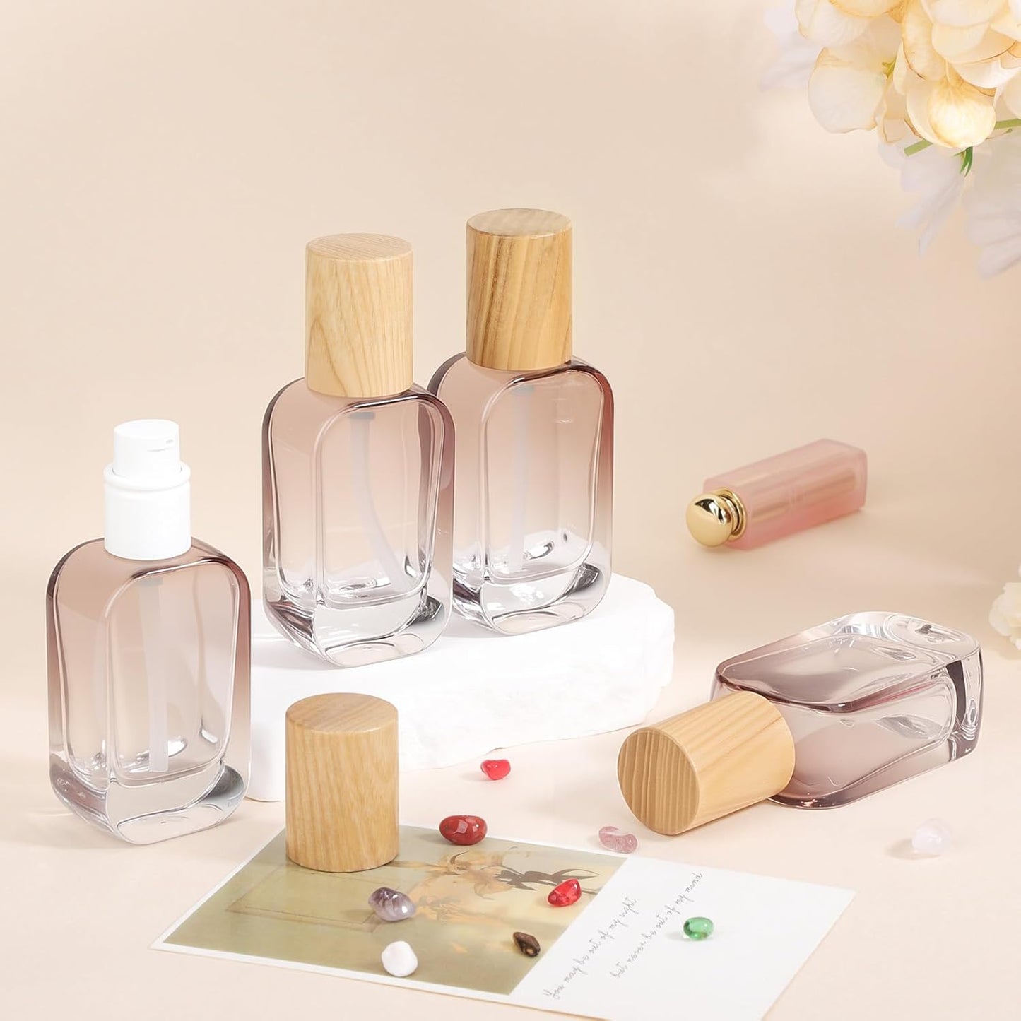 Segbeauty 1oz Glass Empty Lotion Bottles, 4pcs Small Travel Size Containers for Creams, 30ml Mini Lotion Pump Bottle Refillable Pumps Dispenser, Gray Brown Liquid Dispenser with Pump for Travel