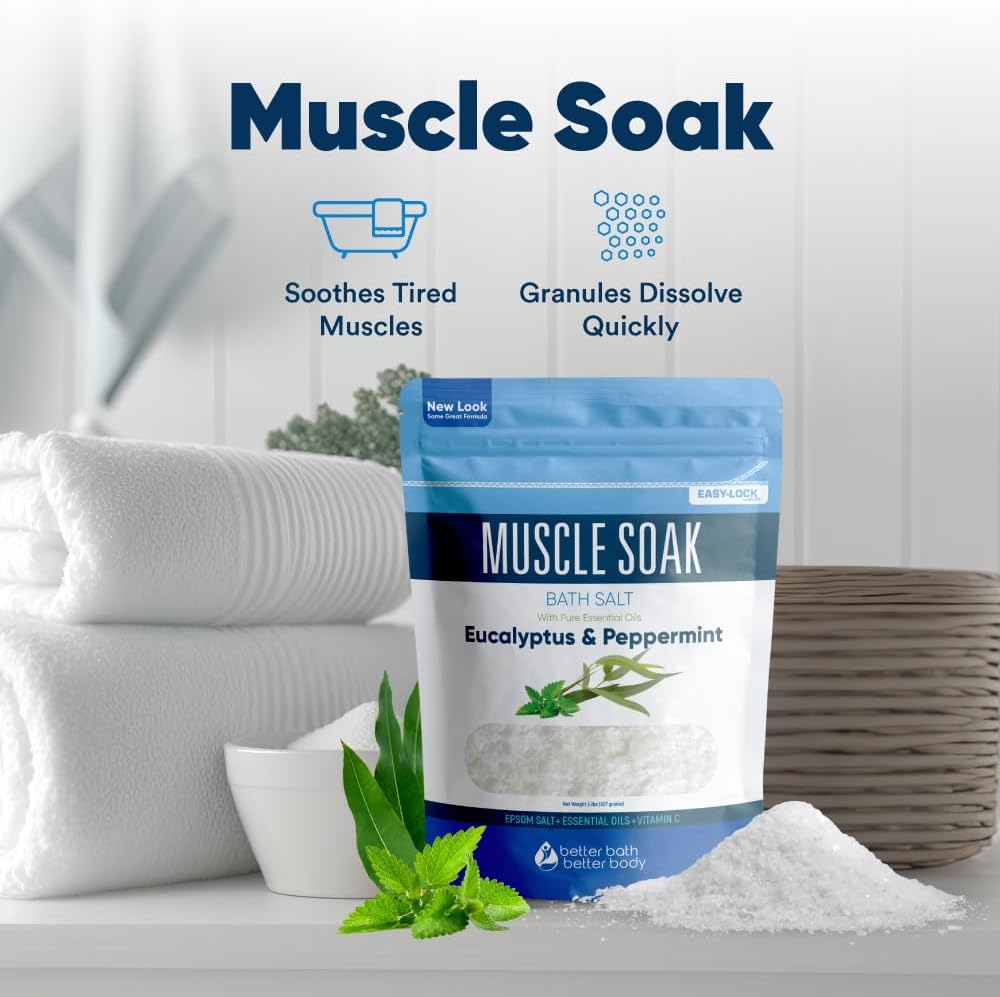 Muscle Soak Bath Salt 32 Ounces Epsom Salt with Natural Peppermint and Eucalyptus Essential Oils Plus Vitamin C in BPA Free Pouch with Easy Press-Lock Seal